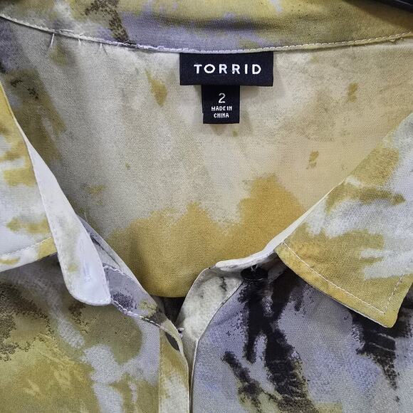Torrid Size 2X Sheer Blouse Yellow Abstract Print Button Down 3/4 Sleeve Casual - Picture 4 of 12